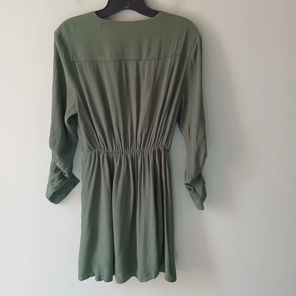 Maeve Women's Size XS Olive Green Faux Wrap Midi Dress Zip Pockets Roll-Tab - Picture 9 of 12